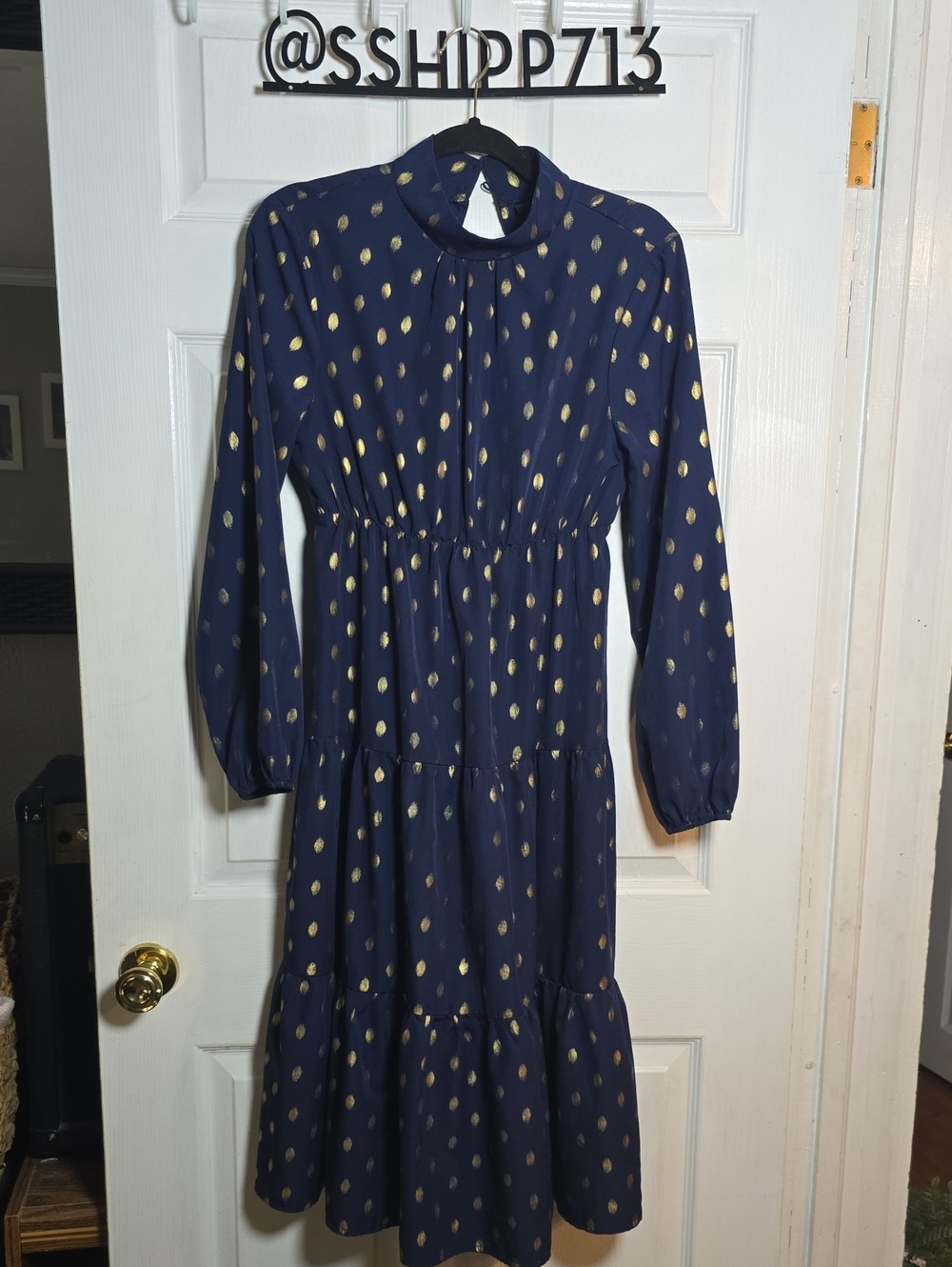 SHEIN S Small Navy Blue Midi Dress with Gold Dot Print